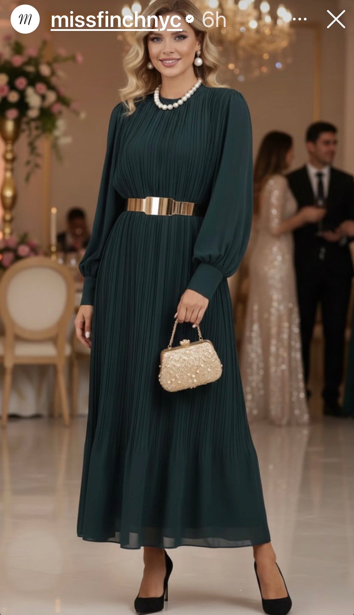 Emerald Green Pleated Poly-Chiffon Long Sleeve Maxi Dress (49.5") – Miss Finch NYC