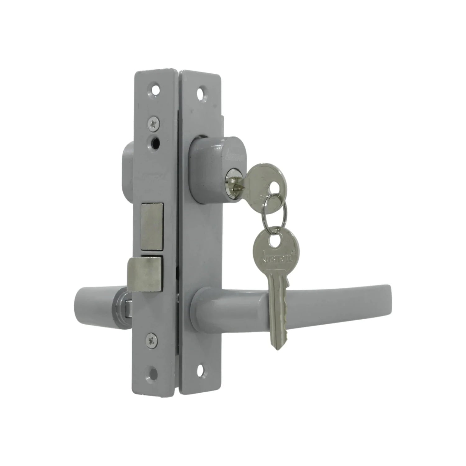 Cerradura de embutir Austral para puerta de aluminio, con manija y cilindro con llaves, acabado cromo satinado