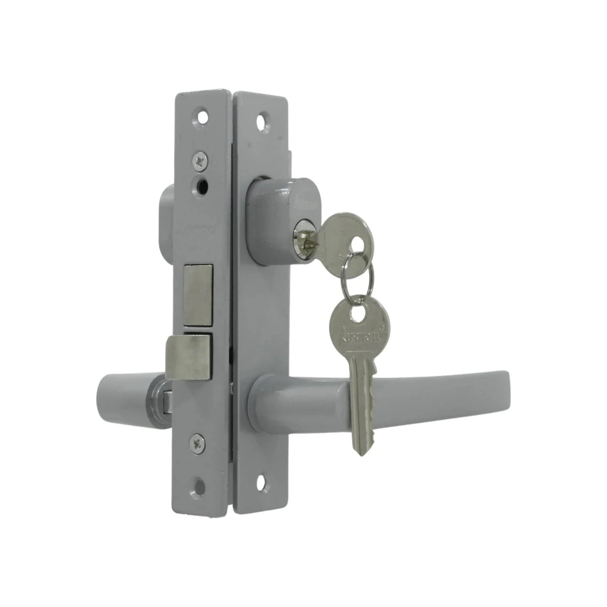 Cerradura de embutir Austral para puerta de aluminio, con manija y cilindro con llaves, acabado cromo satinado