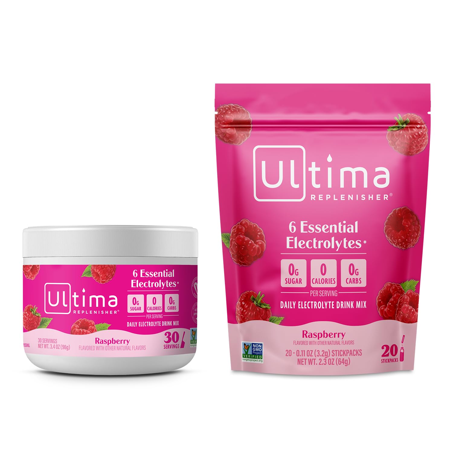 Ultima Replenisher Electrolyte Powder Drink Mix Bundle – Sugar Free – Rasberry  30 Serving Canister and 20 Stickpacks
