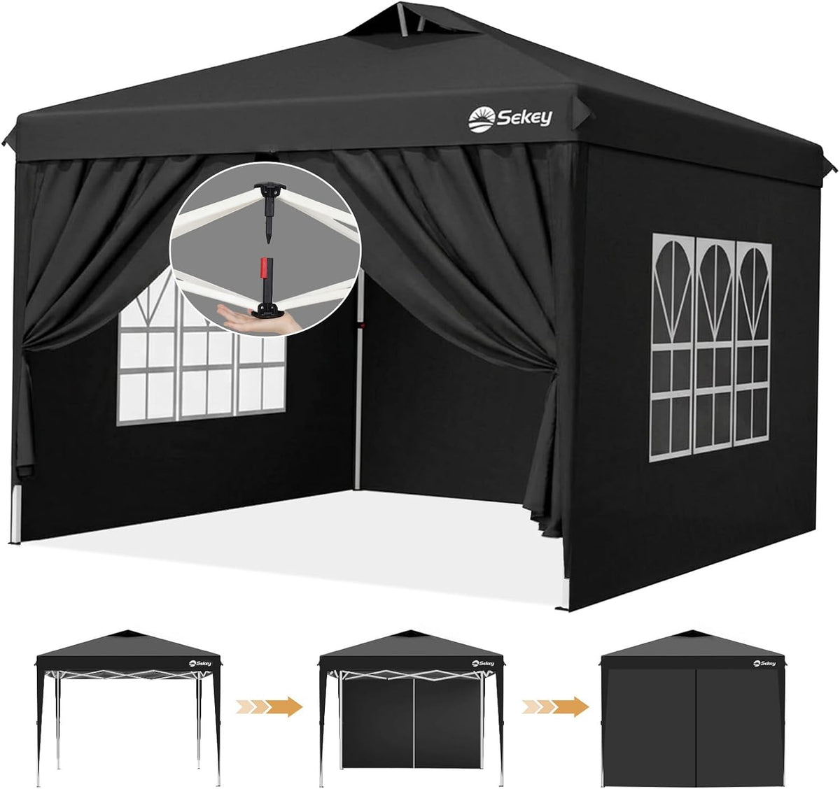 Sekey One-Touch Pop Up Gazebo 3 x 3 Waterproof Stable Winterproof with Side Panels, Folding Gazebo 3 x 3 m with Thickened Tubes, Party Tent Gazebo Foldable for Camping Festival Party, Black