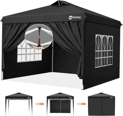Sekey One-Touch Pop Up Gazebo 3 x 3 Waterproof Stable Winterproof with Side Panels, Folding Gazebo 3 x 3 m with Thickened Tubes, Party Tent Gazebo Foldable for Camping Festival Party, Black