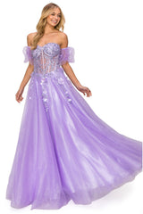 Sequin Applique Prom Gown with Puff Sleeves by Cinderella Couture