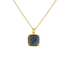 Collier doré et pierre carrée sertie 4 griffes - LABRADORITE