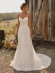 Boho Simple Lace Wedding Dress with Spaghetti Straps, Fitted Bodice & Soft Sheath Train