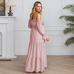 Gyujnb Lightweight Flowy Boho Maternity Tiered Maxi Dress Off Shoulder Ruffle Neck Long Bubble Flare Sleeve Smocked High Waist Elegant Gown for Pregnancy Photoshoot,L