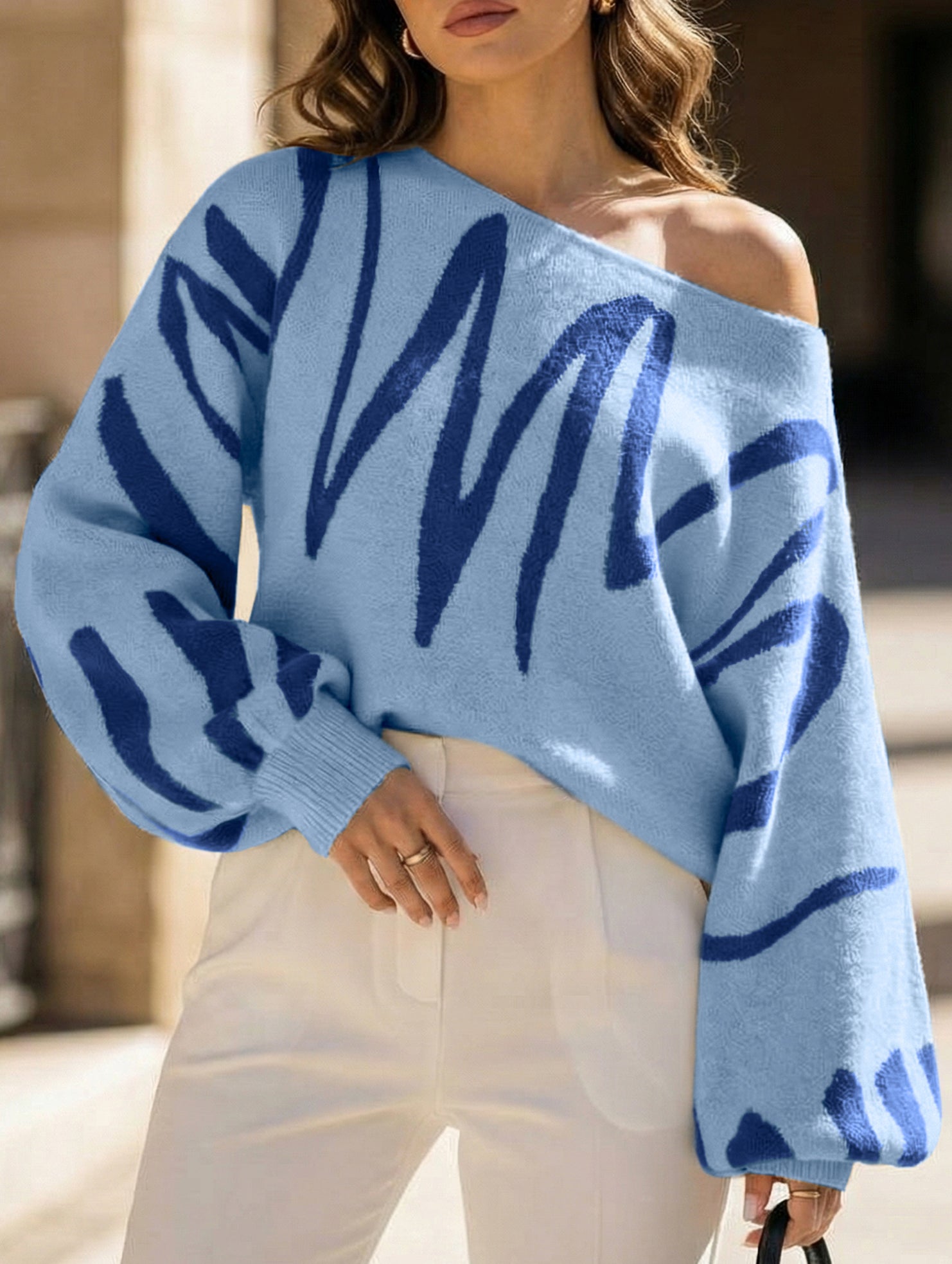 Casual wavy lantern off-shoulder knit top