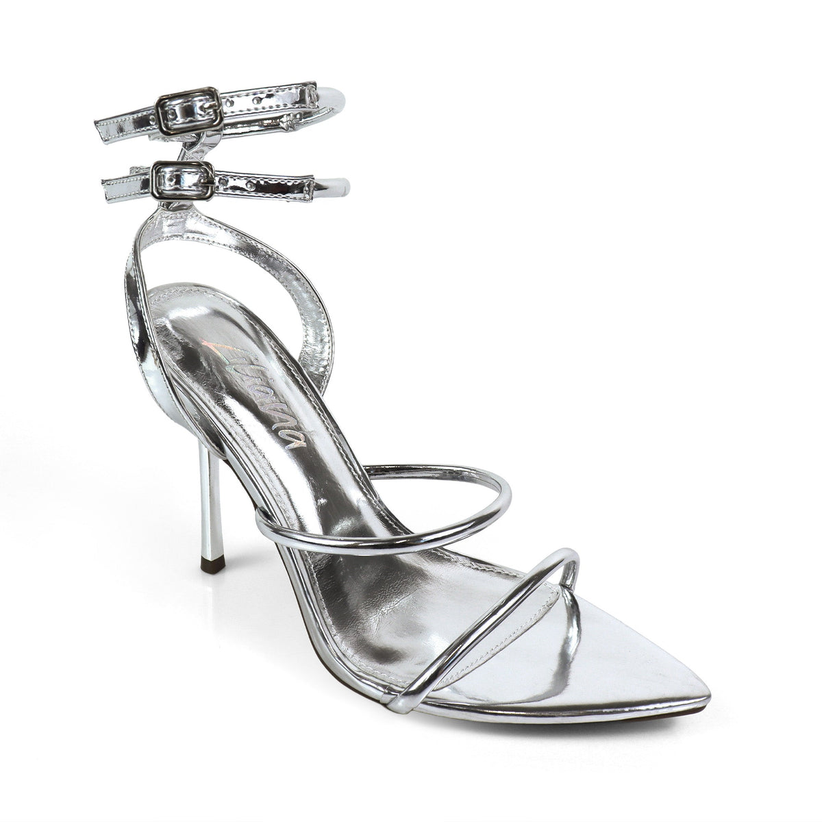 DIVA-4 POINTED TOE STRAP W/ STILETTOS HEEL SILVER