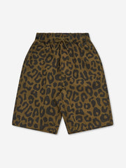 The Earth People Coffey Leopard City Short in khaki features a comfortable elastic waistband with drawstring and a stylish leopard print, crafted in knee-length cotton for both comfort and flair.