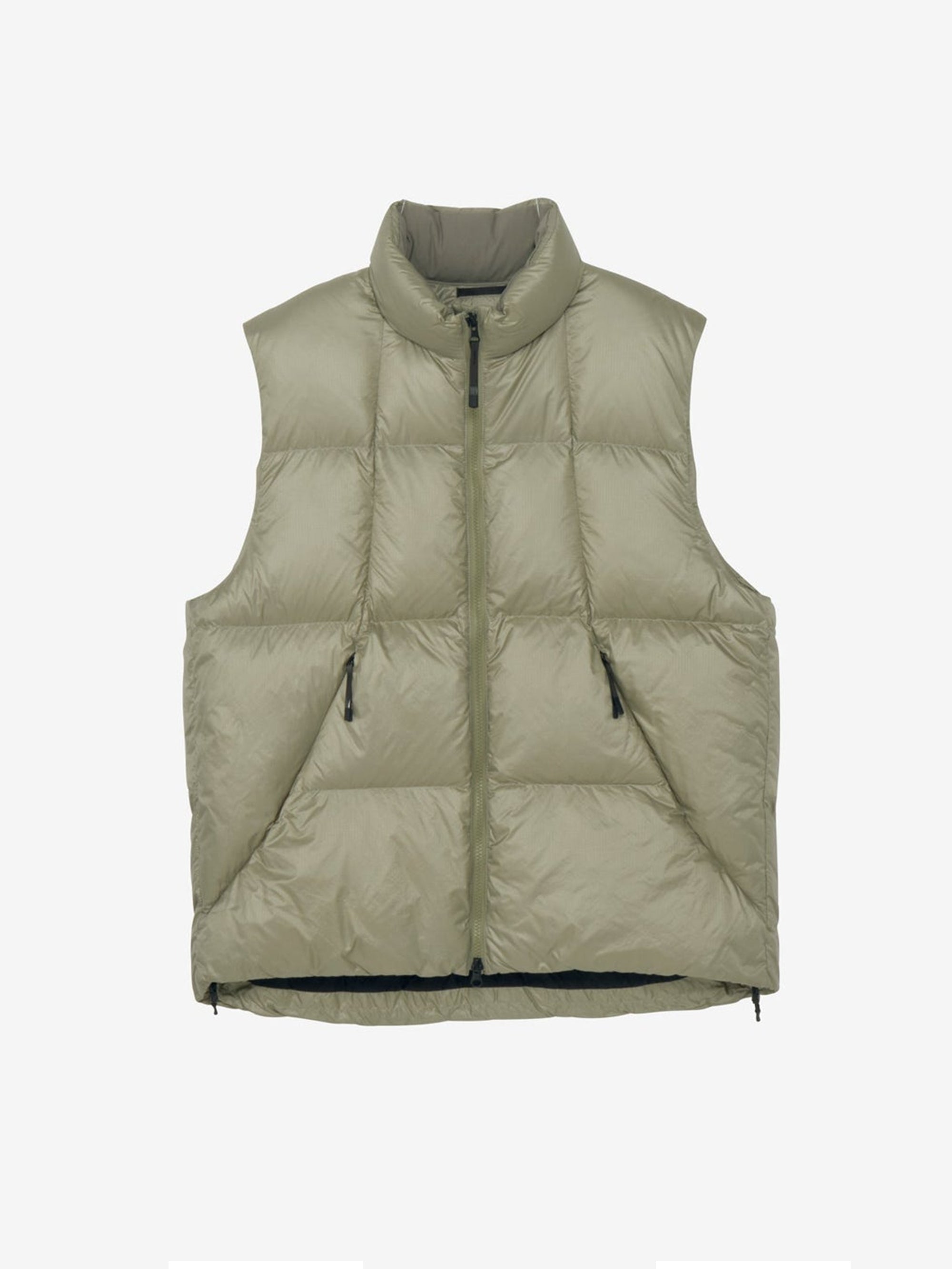 The Goldwin Pertex Quantum Down Vest in Oak Beige features a sleeveless design with lightweight insulation, a high collar, front zipper, and two zippered side pockets, shown against a plain white background.