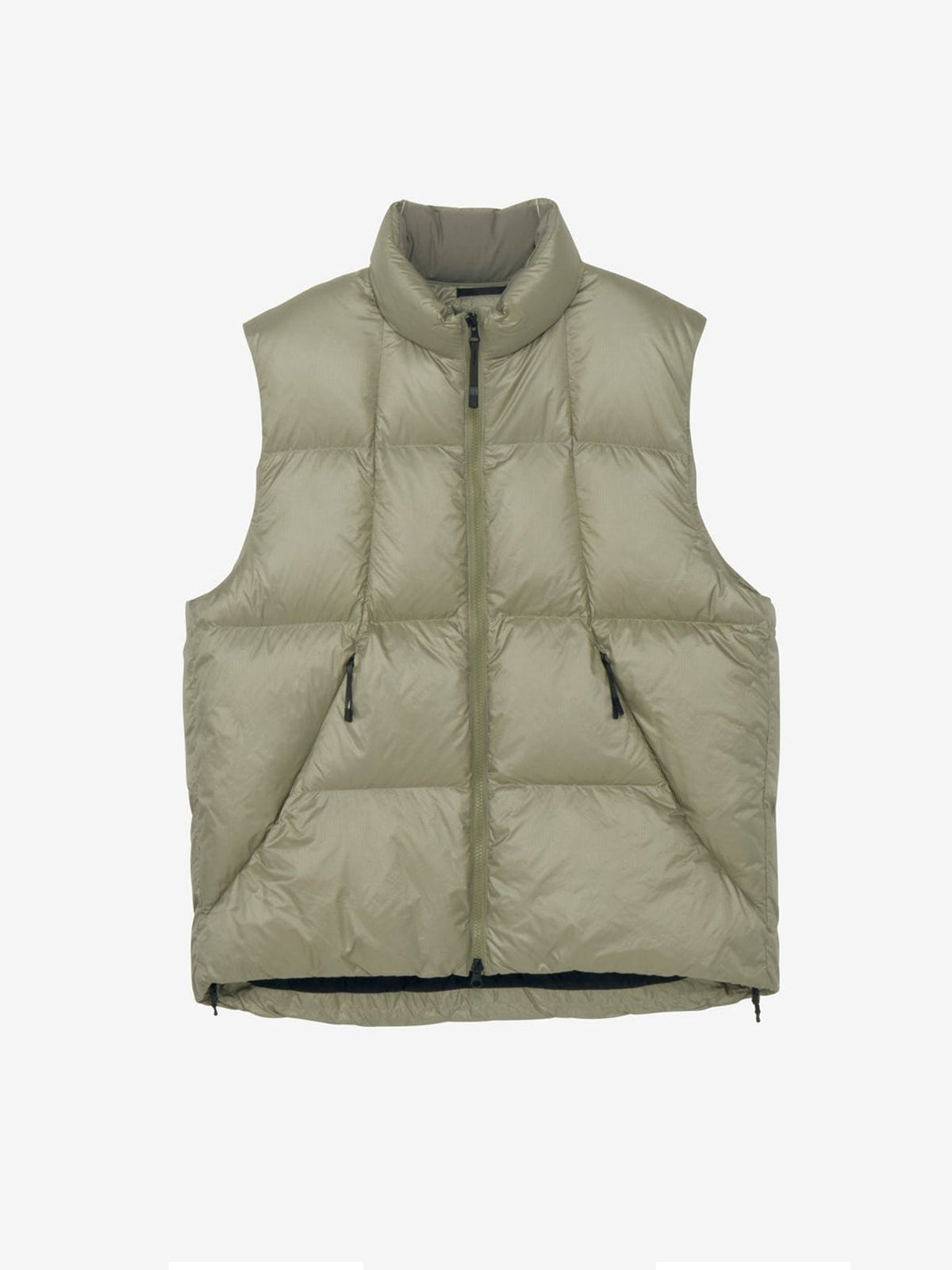 The Goldwin Pertex Quantum Down Vest in Oak Beige features a sleeveless design with lightweight insulation, a high collar, front zipper, and two zippered side pockets, shown against a plain white background.