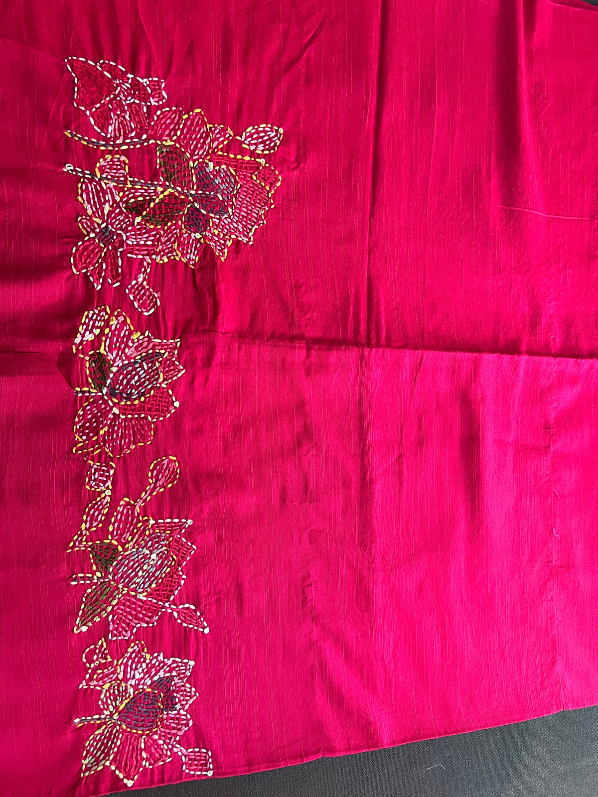 Floral Kantha Embroidery Detailed Blended Raw Cotton Blouse Material | OS478