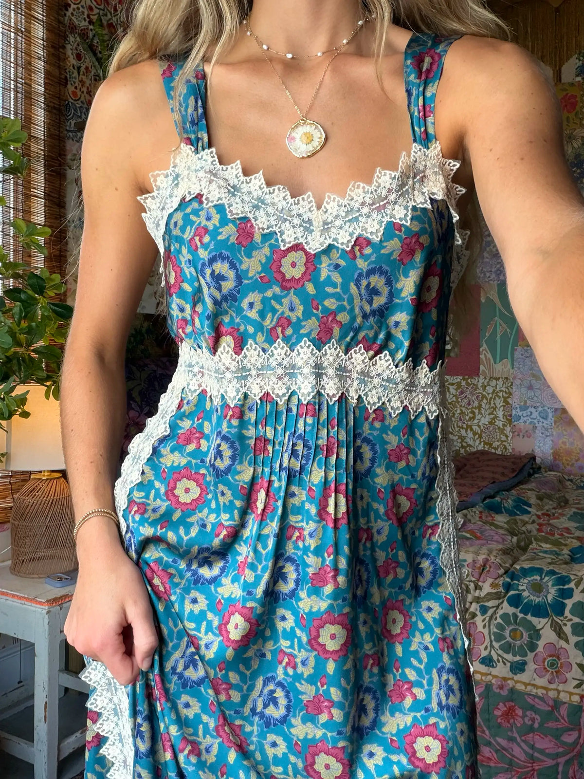 Tennessee Lace Trim Maxi Dress - Peony Block Teal-view 1