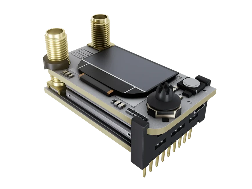 ImmersionRC rapidFIRE analog video receiver module with silver metal casing and gold antenna connectors