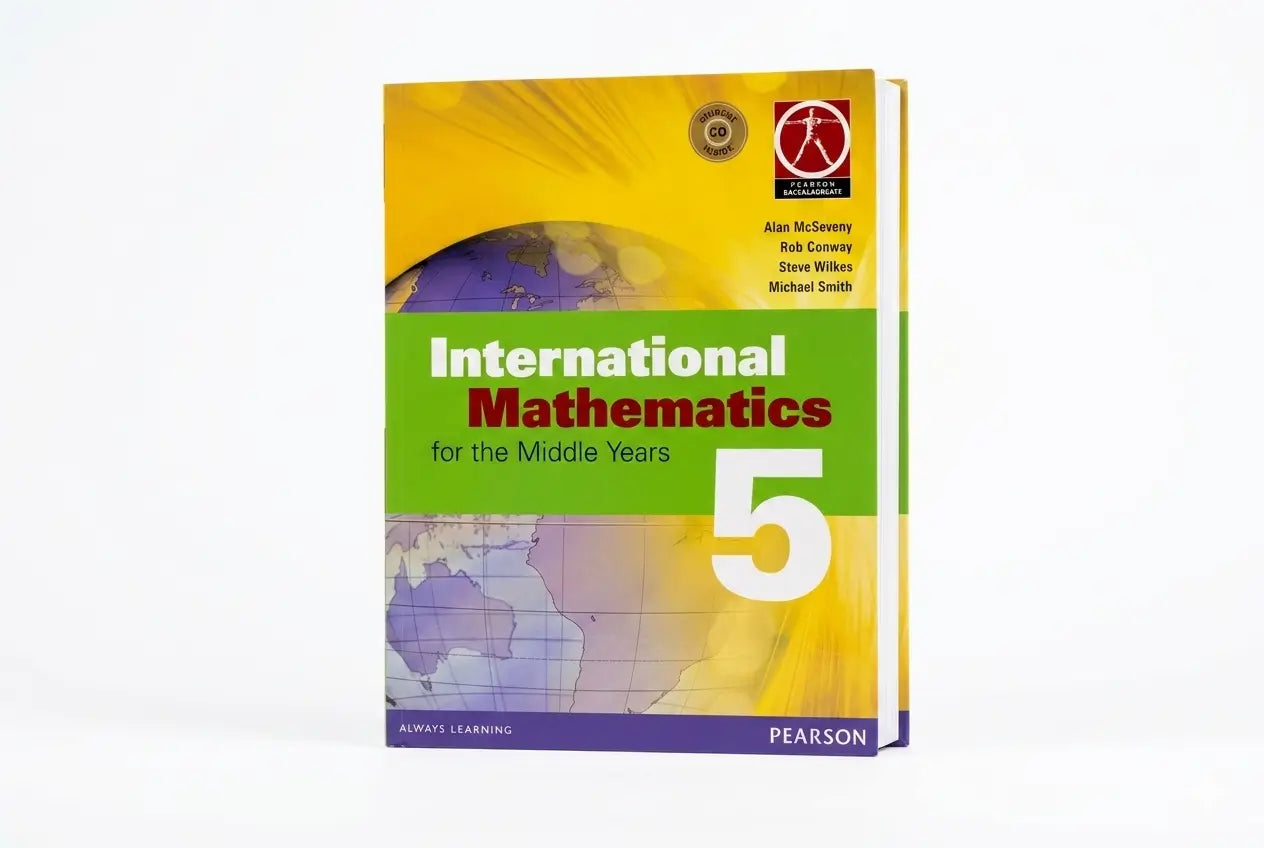 Book titled 'International Mathematics for the Middle Years 5' by Pearson on a white background