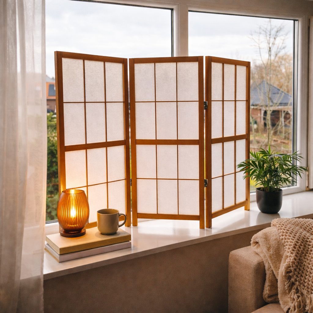 Japans shoji kamerscherm van hout in naturel kleur, 3-delig raamscherm van 90 cm hoog in lichte interieursetting