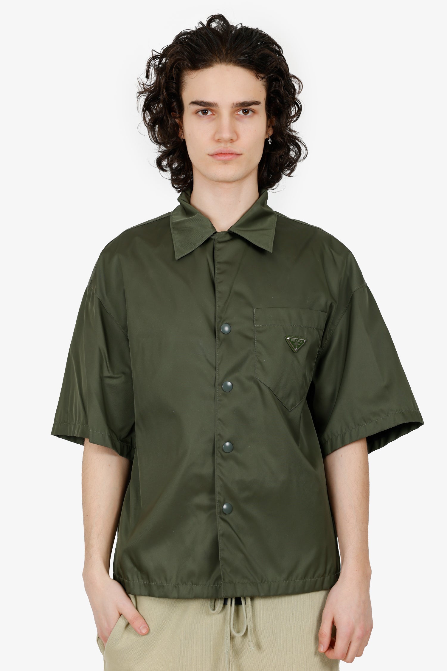 Prada Khaki Green Re-Nylon Button Down Shirt Size M Mens