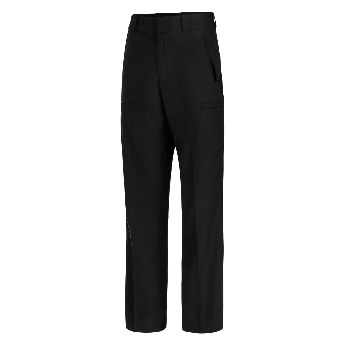 Product shot of black pants showing a flat front, subtle side pockets, and a clean tailored fit
