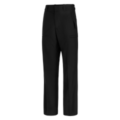 Product shot of black pants showing a flat front, subtle side pockets, and a clean tailored fit