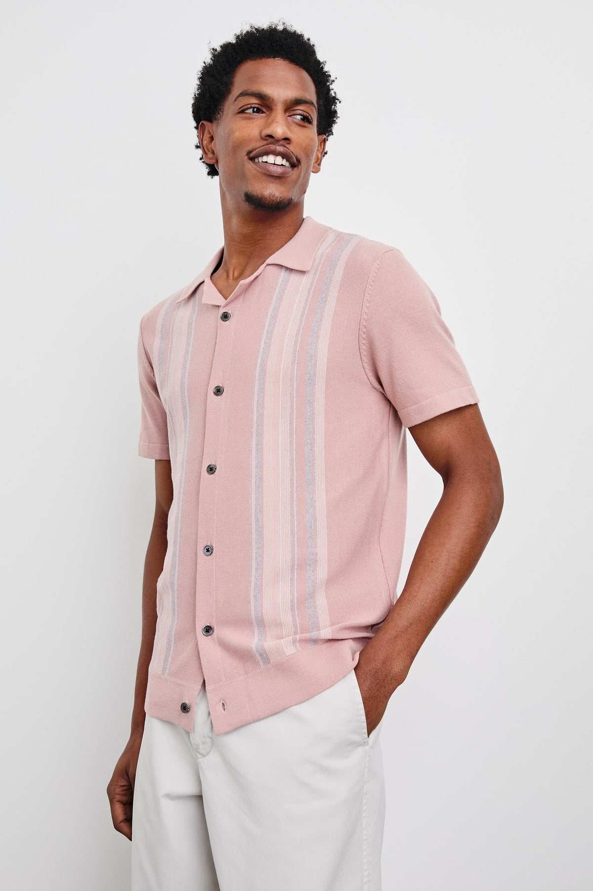 Silas short sleeve knit shirt in muted rose with vertical stripes, Rails, curated Fredericksburg TX