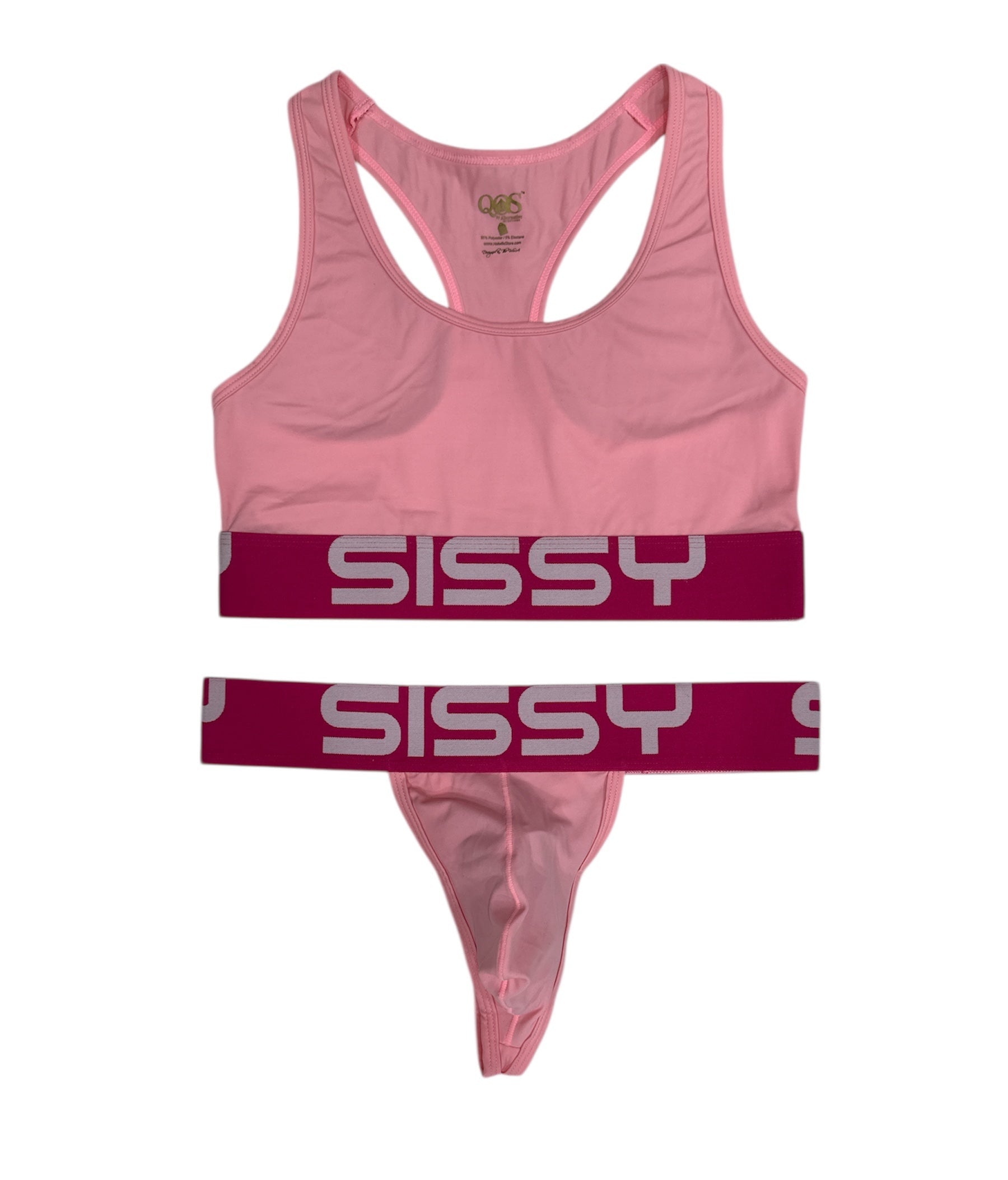 Pink sports bra and leggings set with 'Sissy' branding on a white background