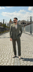 Khaki pinstripe double breasted slim fit suit, front view