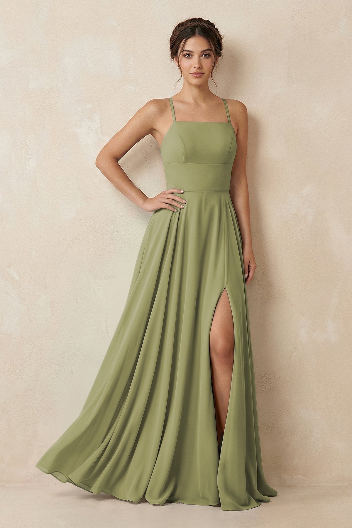 A-Line Chiffon Bridesmaid Dress With Slit in Moss Green - KissDress