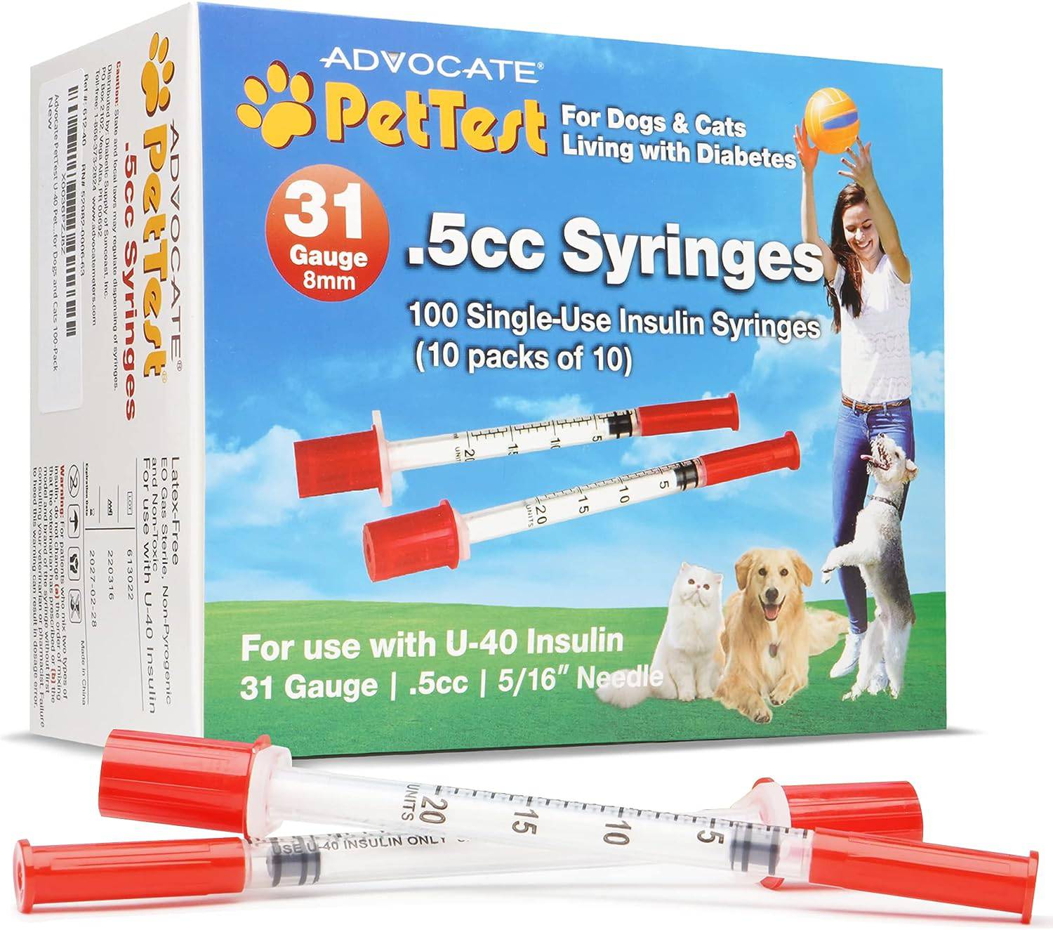 Advocate | PetTest U-40 Pet Insulin Syringes 31G 1/2cc (0.5cc) With Needles - 100 Pack