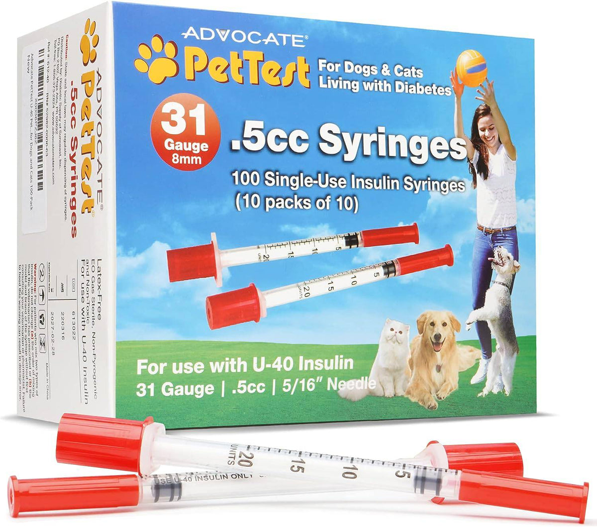 Advocate | PetTest U-40 Pet Insulin Syringes 31G 1/2cc (0.5cc) With Needles - 100 Pack