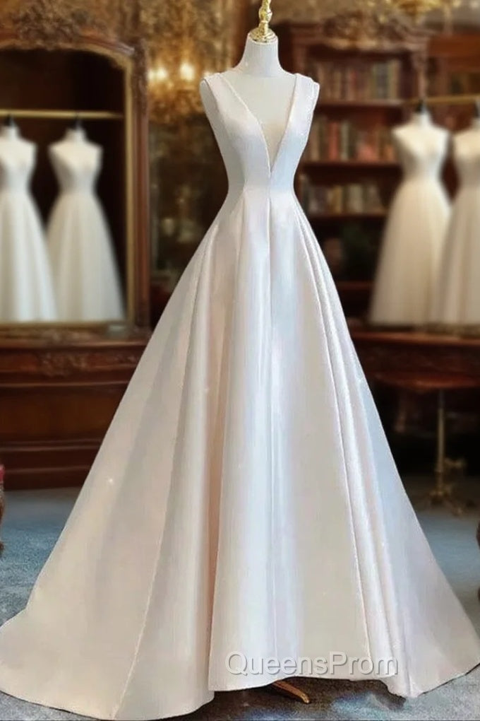 Chic Ball Gown V neckline Sleeveless Ivory Satin Long Wedding Dress With Bow