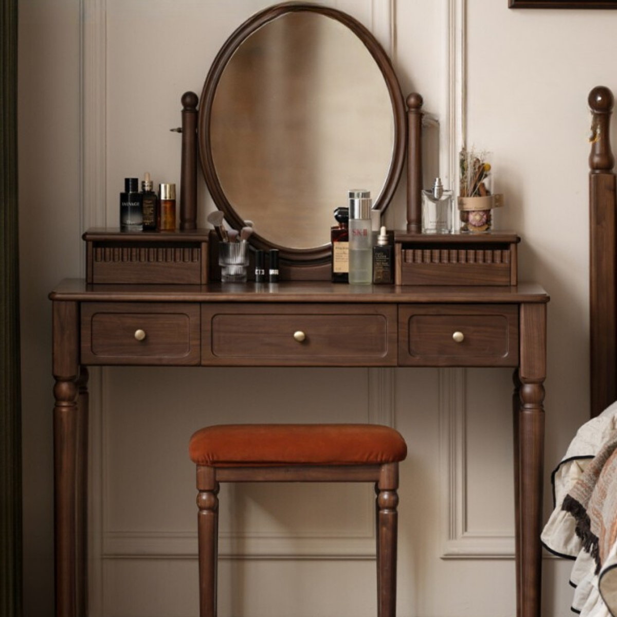 Black Walnut, Tulipwood Solid Wood Retro Style Vanity Table With Built-In Mirror