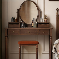 Black Walnut, Tulipwood Solid Wood Retro Style Vanity Table With Built-In Mirror