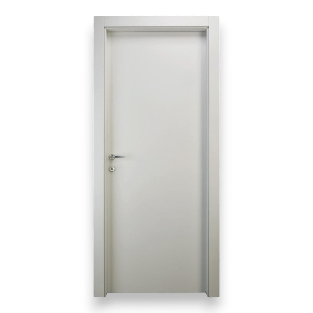 Porta battente reversibile moderna da interno completa in legno di abete bianco liscio giuntato con serratura e profili
