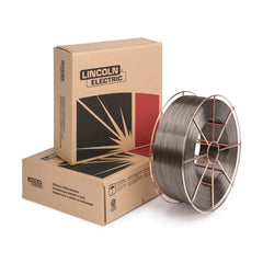 A 25 lb steel spool of Lincoln ED031118 Lincore 33 Flux-Cored Welding Wire (5/64 in) stands upright next to two stacked, branded brown Lincoln Electric boxes with a spark design, all set against a bright white background.
