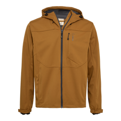 En brun softshell-jakke med hætte og fuld lynlås, designet til udendørs brug. Jakken har en diskret brystlomme med lynlås, rummelige sidelommer og justerbare ærmekanter med velcro. Materialet ser vandafvisende og vindtæt ud, med synlige sømme for form og bevægelsesfrihed. Det minimalistiske design og varmebrune farve gør jakken både praktisk og stilfuld til hverdag og fritid. Den mørke lynlås skaber en fin kontrast.