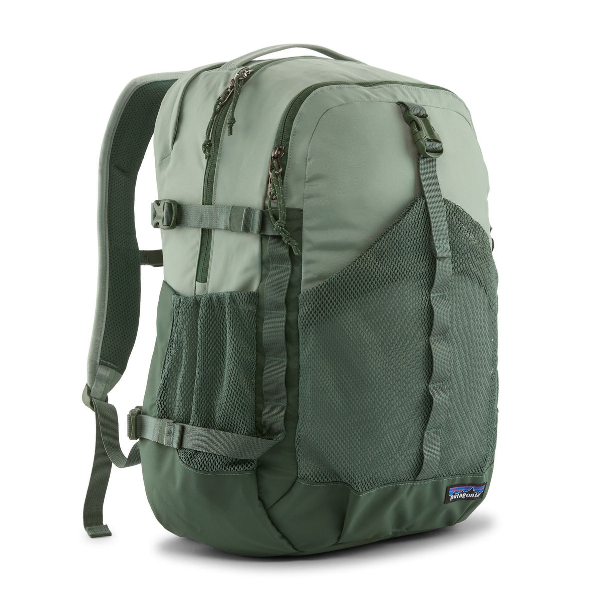 Patagonia Refugio Daypack 30L in Cover Green — front view with mesh side pocket and daisy chain