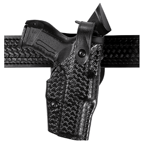 Safariland Model 6360 ALS/SLS Duty Holster securely holding Glock 20 on a textured black belt.